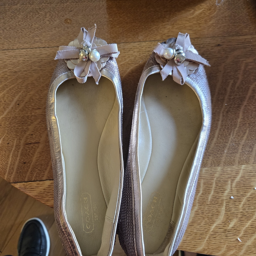 Coach Women's Pink Metalic Sequin Loafers with Pearl, Charms And Leathet Bow.